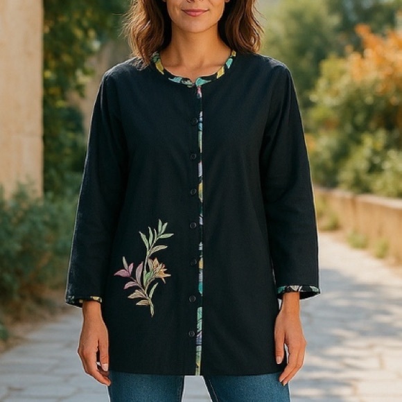 Koos Of Course! Black Linen Blend Vintage Jacket Embroidered Tropical - Picture 1 of 11